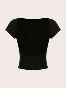 4 piezas Camisetas de mujer de unicolor casual, de cuello redondo, ajustadas y con espalda calada, adecuadas para el verano - Multicolor 11 - Ver 10