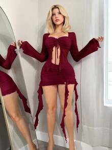 Conjunto de dos piezas de blusa de malla transparente de manga larga sexy y falda con banda de cintura de gelatina de color azul bebé con volantes, estilo Y2K para salir, para mujeres en otoño - Burdeos - Ver 5