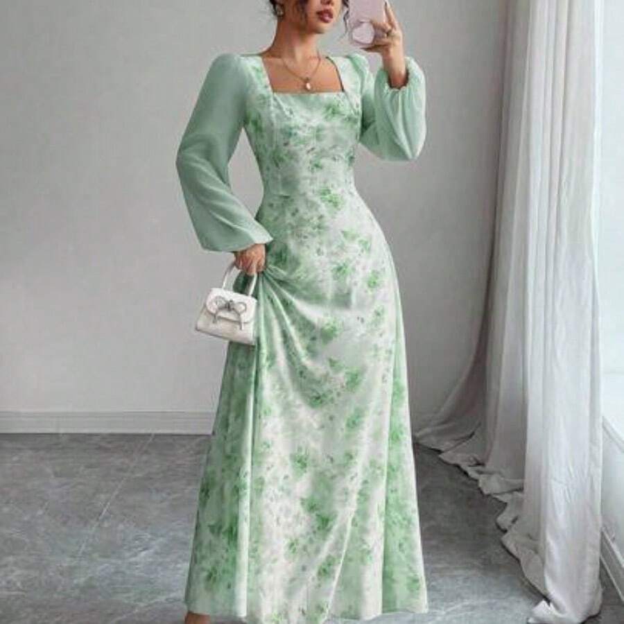 Women's Printed Square Neck Long Sleeve Elegant Summer Dress - Verde - Ver 1