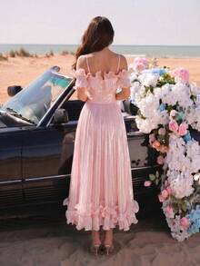New Arrival European And American Fashion Pleated Ruffle Off-Shoulder Cinched Waist Flared Skirt, Party Evening Bridesmaid Dress - Pink - View 6
