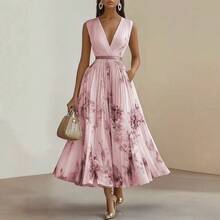 Women's Sleeveless Printed Midi Dress, Elegant And Modern Long V-Neck, Ideal For Holidays And Casual Events - 粉色 - 查看 4
