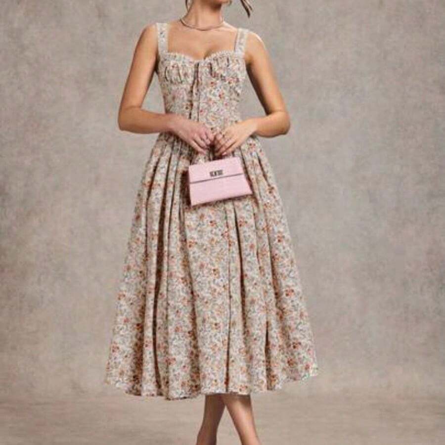 Elegante vestido sin mangas con estampado floral para mujer, adecuado para citas, vacaciones, fiestas de té, discotecas y reuniones, día de San Valentín, trajes de San Valentín para mujeres - Rojo - Ver 1