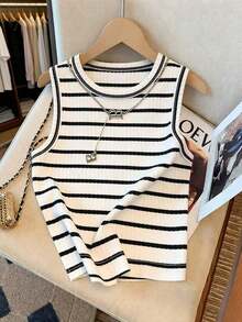 Camiseta de tirantes casual y versátil con cuello redondo y rayas para mujer - Multicolor 4 - Ver 3