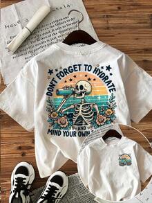 [Front And Back Images] Women's Vintage T-Shirt With Skull And Flower Print - Casual Short-Sleeved Crew Neck T-Shirt Printed With The Slogan "Don't Forget To Hydrate", Machine Washable, Summer And Spring T-Shirt, Women's T-Shirt, Vintage Style Shirt, Breathable Fabric, Everyday T-Shirt, Comfortable Material, Printed T-Shirt, Fashionable Top. - 白色 - 查看 7