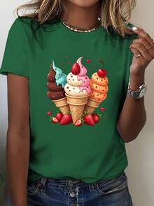 Una camiseta casual de manga corta y cuello redondo, estampada con motivos de conos de helado y fresas, perfecta para la primavera y el verano, diseñada específicamente para mujeres. - Verde - Ver 7
