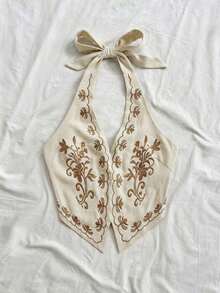 Top corto con cuello halter, espalda descubierta y lazo, con bordado floral sobre base color albaricoque, adecuado para festivales de música - Marrón 2 - Ver 5