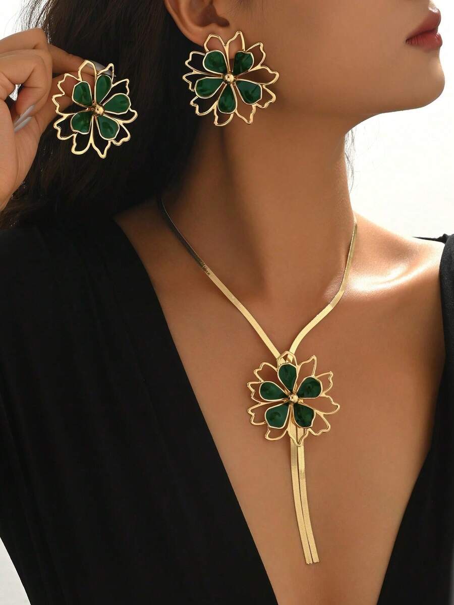 3pcs/Set Summer Fashion Bohemian Colorful Hollow Flower Necklace + Earrings Jewelry Set For Women, Suitable For Casual, Beach, Date, Party, Gift - Golden Green - View 1