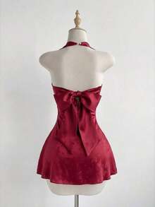 Vestido de fiesta mini con diseño de mariposa, cintura ceñida y sexy, con diseño de lazo de mariposa en la espalda, estilo dulce con bloqueo de color y malla - Burdeos - Ver 2