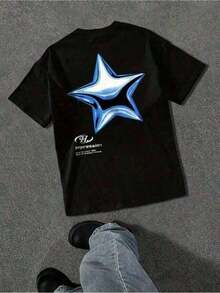 Camiseta de Manga Corta para Hombre con Estampado de Estrella Azul, deportiva transpirable, ideal para fitness, entrenamiento y uso diario, para todas las estaciones - Negro - Ver 8
