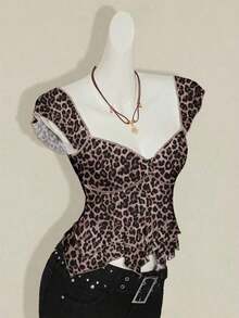 Top sin mangas con volantes, escote con pliegues, ajuste ceñido, parches de malla sexy, espalda con lazo, top casual de vacaciones - Multicolor - Ver 3