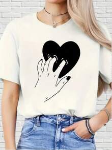 Women's Elegant White Graphic T-Shirt - Black Heart And Hands Print, Short Sleeve, Crew Neck, Lightweight Polyester Casual Top For Spring/Summer, Machine Washable, Style Y2k - 黑色 - 查看 1