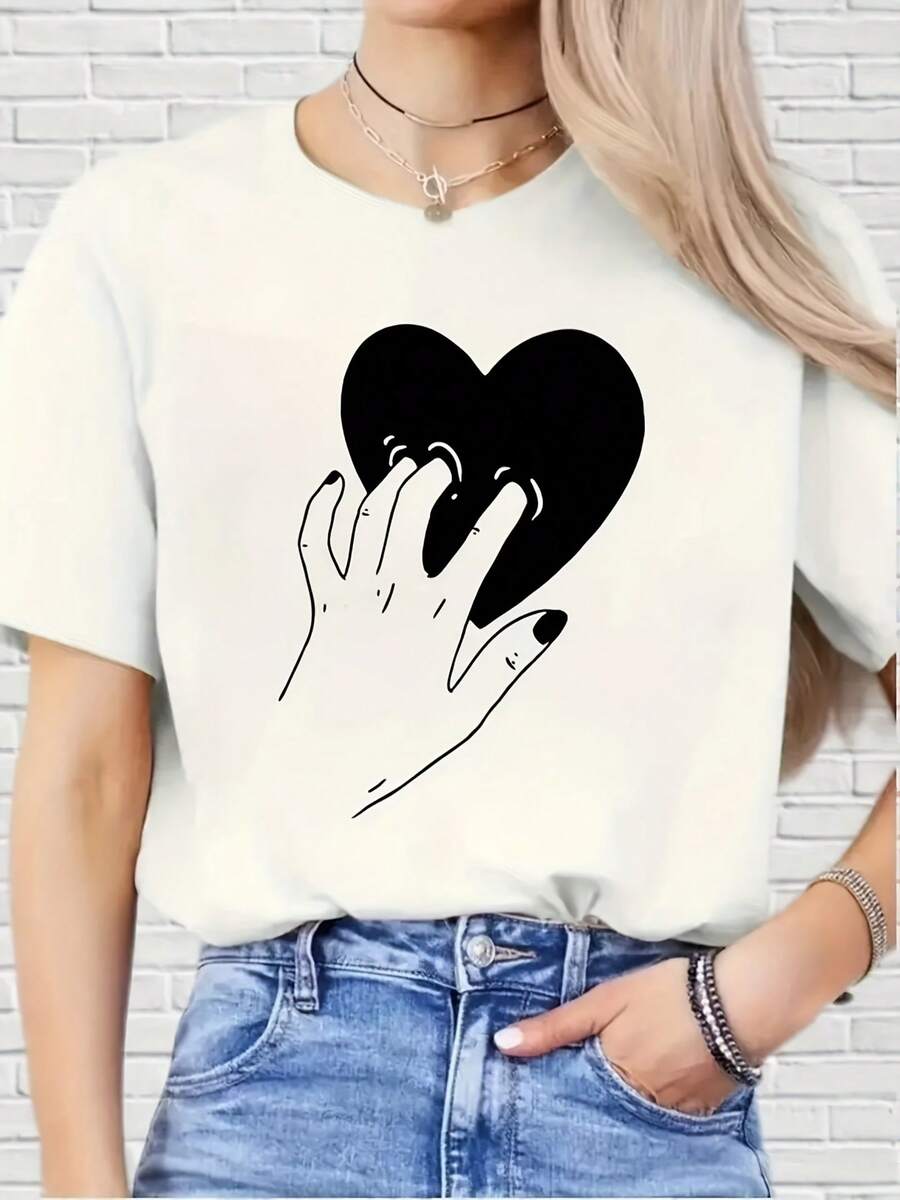 Women's Elegant White Graphic T-Shirt - Black Heart And Hands Print, Short Sleeve, Crew Neck, Lightweight Polyester Casual Top For Spring/Summer, Machine Washable, Style Y2k - 黑色 - 查看 1