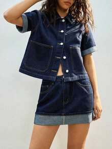 Maija Conjunto casual de blusa de manga corta de un solo pecho y falda de mezclilla para mujer - Azul lavado oscuro - Ver 3