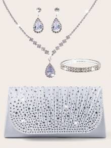 4pcs Jewelry Set, Shiny Necklace, Earrings & Bracelet Combo, Women's Evening Clutch, Flap Elegant Handbag, Romantic Wedding Style Bridal Bag, Formal Dance Party Clutch, Elegant Evening Gown Purse, Perfect For Party, Wedding, Prom, Gala Occasions, Suitable For Holiday Party Outfits - Silver - View 1