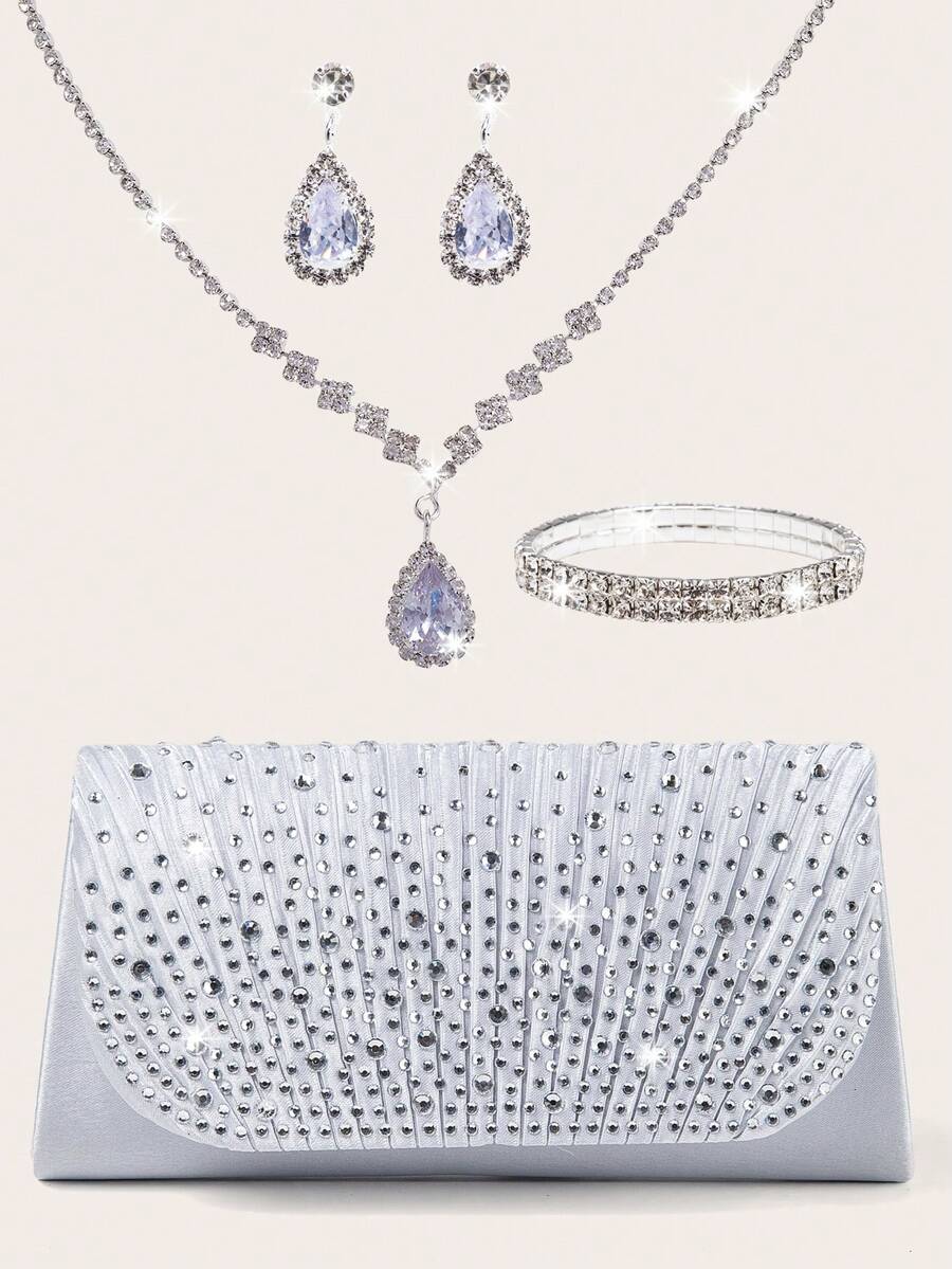 4pcs Jewelry Set, Shiny Necklace, Earrings & Bracelet Combo, Women's Evening Clutch, Flap Elegant Handbag, Romantic Wedding Style Bridal Bag, Formal Dance Party Clutch, Elegant Evening Gown Purse, Perfect For Party, Wedding, Prom, Gala Occasions, Suitable For Holiday Party Outfits - Silver - View 1