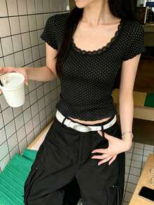 Áo thun phối ren chấm bi đen, thích hợp cho kỳ nghỉ. - màu đen - Xem 8