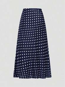 Falda de estilo vacacional elegante y retro con estampado de lunares para mujeres, otoño, invierno - Azul marino - Ver 2