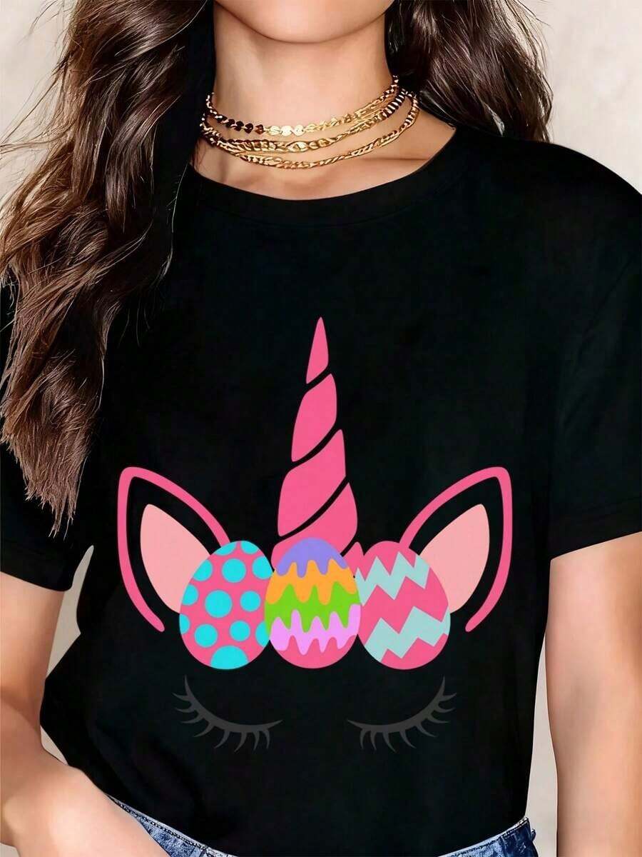 Camiseta Vintage con Diseño de Unicornio y Huevo de Pascua, con Patrón Colorido para Primavera y Fiestas - Negro - Ver 1