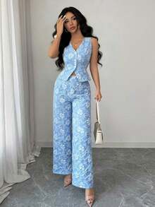 Elenzya Conjunto de 2 piezas de chaleco y pantalones azules de estilo elegante y casual para uso diario y de negocios, con estampado de margaritas africanas y relieve de jacquard, para mujer - Azul - Ver 5