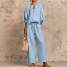 Modest Women's Knitted Fabric Blouse And Long Pants Two-Piece Outfit With Flounce Sleeves - 牛仔藍 - 查看 5
