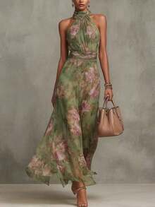 2026 Green Floral Maxi Dress With Enhanced Waist, Sophisticated Halter Long Dress For Women, Classic And Feminine Style - 金色 - 查看 1