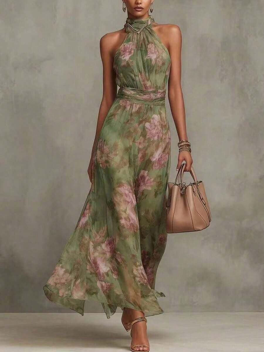 2026 Green Floral Maxi Dress With Enhanced Waist, Sophisticated Halter Long Dress For Women, Classic And Feminine Style - 金色 - 查看 1