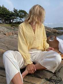 HH Blusa casual de mujer con bordado floral elegante y manga larga calada, primavera/verano - Amarillo - Ver 7