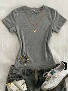Camiseta ajustada de mujer de manga corta con cuello redondo de unicolor - Gris - Ver 1