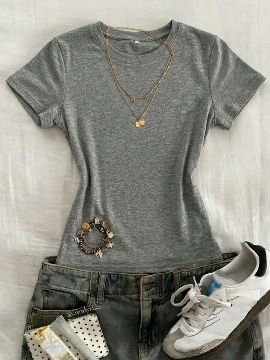Camiseta ajustada de mujer de manga corta con cuello redondo de unicolor - Gris - Ver 1