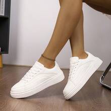 Zapatillas casuales unisex, zapatos planos con cordones, zapatillas de moda, zapatos vulcanizados de corte bajo, adecuados para primavera y otoño - Blanco - Ver 3