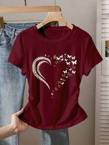 Blusa corta con estampado de corazón, cintura fruncida y ajuste casual para mujer.Versátil y adecuada para el verano, vuelta al colegio, uso diario y vacaciones - Burdeos - Ver 1