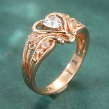 Elegant Hollow Heart-Shaped Ring, Inlaid With Cubic Zirconia | Romantic Jewelry - Rose Gold - View 6