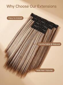 14 Inch Short Straight Hair 4pcs Clip-In Hair Extensions, Soft Natural Synthetic Hair, Chocolate Brown With Highlights, Suitable For Women - Brown Highlight - View 6