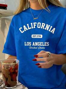 Camiseta Gráfica Vintage de Mujer con Diseño de California Los Ángeles - Cuello Redondo Casual, Manga Corta, Algodón, Lavable a Máquina, EST 1776 Print2026 Ropa Fresca de Verano para Mujer - Azul - Ver 4