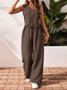2 piezas/set Blusa sin mangas con cuello en V y botones delanteros y pantalones informal - Marrón Chocolate - Ver 1