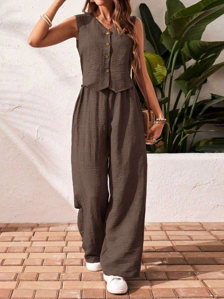 2 piezas/set Blusa sin mangas con cuello en V y botones delanteros y pantalones informal - Marrón Chocolate - Ver 1