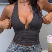 Women's Summer Vacation Solid Color Halter Neck Ruched Fitted Camisole Casual White - Gris - Ver 1