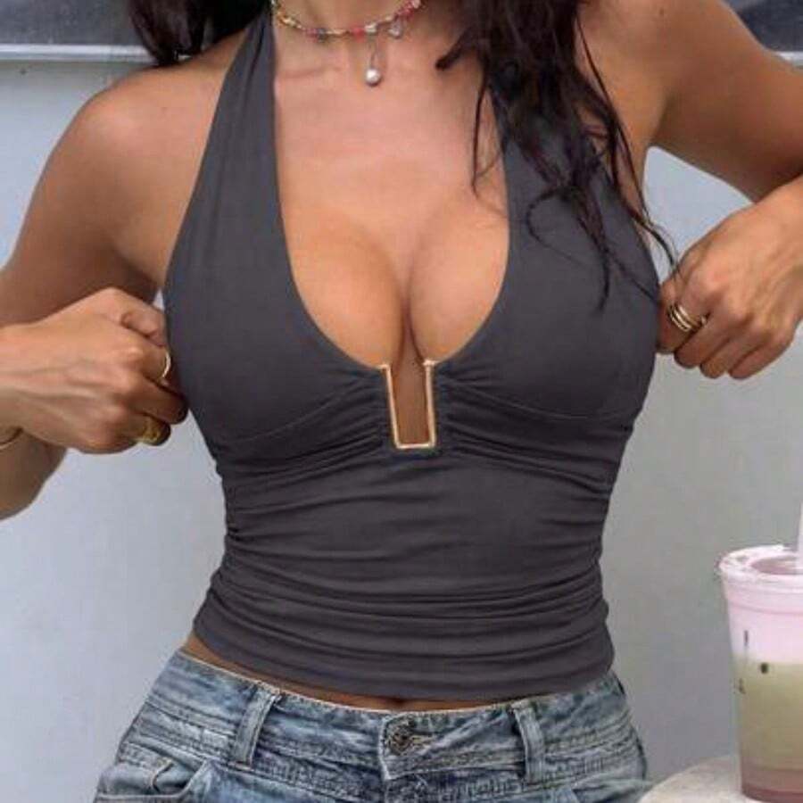Women's Summer Vacation Solid Color Halter Neck Ruched Fitted Camisole Casual White - Gris - Ver 1