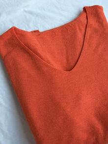 1pc V-Neck Knit Top, Front Short Back Long Hem With Slit, Suitable For Spring, Autumn, Winter - Orange 2 - View 7
