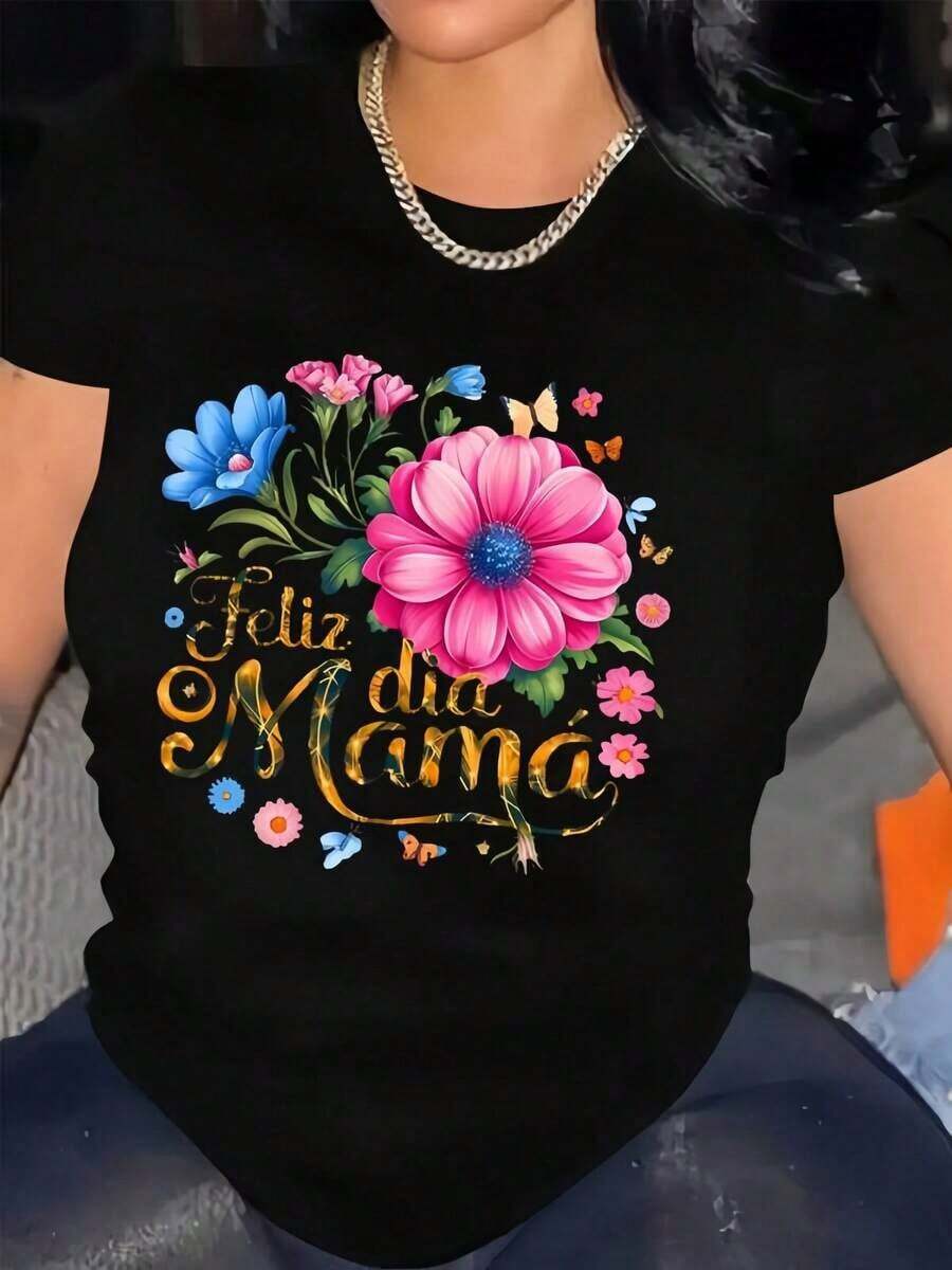 1 pieza Camiseta negra para mujer con estampado de flores y mariposas, cuello redondo, camiseta casual de algodón, tejido de punto de elasticidad media, corte regular para damas, para primavera/verano/otoño, 180g, 100% algodón. - Negro - Ver 1