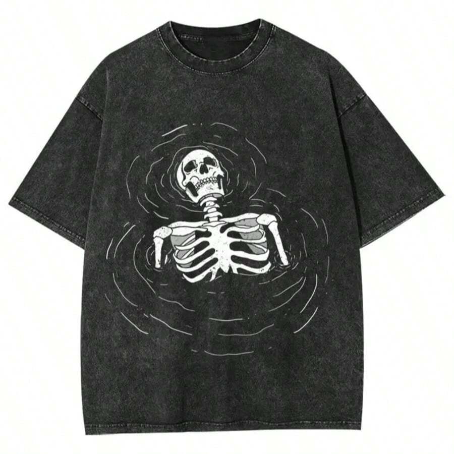 Camiseta de algodón lavado con esqueleto en agua - Negro - Ver 1