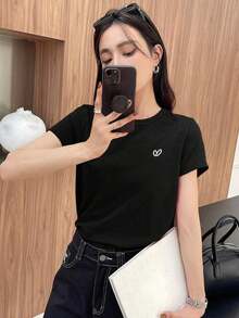 Y2K Style, Fashionable Style, Newest 2026 Style, Cute Style, Casual Style. Women's Short-Sleeved T-Shirt With Embroidered Heart And Letter Design For Valentine's Day, Casual And Work Style. 180g (S-XXXL) - 黑色 - 查看 2