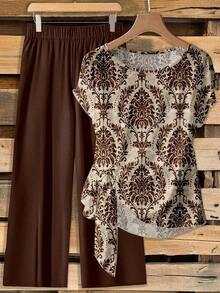 Conjunto de 2 piezas casual de blusa con lazo de estampado de leopardo en contraste y pantalones rectos sueltos - Multicolor 15 - Ver 1