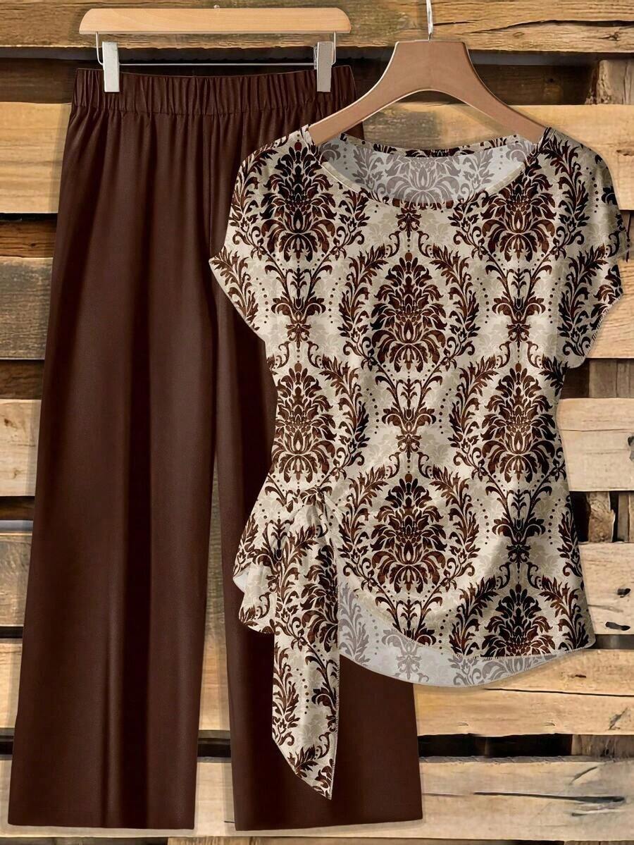 Conjunto de 2 piezas casual de blusa con lazo de estampado de leopardo en contraste y pantalones rectos sueltos - Multicolor 15 - Ver 1