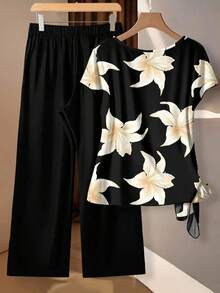 Clasi Conjunto de 2 piezas de blusa con moño elegante y minimalista en color rosa, combinada con pantalones de pierna ancha con estampado floral, adecuado para el verano - Multicolor - Ver 3