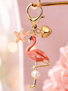 Pearl Flamingo Pendant With Heart-Shaped And Starfish Elements, Bohemian Vacation Style. Ocean Alloy Pendant, Hawaiian Tropical Style Pendant. Suitable For Backpacks, Wallet Decorations, Headphone Bag Accessories, Car Pendants, Fashionable And Minimalist Accessories, And Drip Jewelry. - one-size - View 7