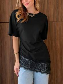 Nueva llegada Top largo de punto con dobladillo asimétrico y encaje de contraste, adecuado para playa, uso diario, festivales, escuela, fiesta de cumpleaños, casual negro - Amarillo - Ver 7
