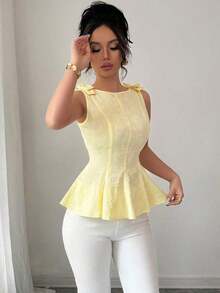 Nueva blusa de tirantes finos con diseño de lazo, cintura ceñida y volantes en el bajo, de tela floral texturizada, para mujer, casual, versátil y elegante para vacaciones - Amarillo - Ver 5