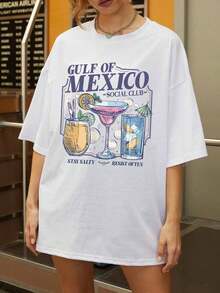 Free Shipping, Local Delivery In Mexico, Delivery In 4 Days. Casual Short-Sleeved, Loose-Fitting T-Shirt With A Cocktail Print, Perfect For Summer Beach Vacations Or As A Gift For A Girlfriend. - White - View 5