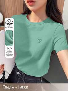 Y2K Style, Modern Style, The Newest Of 2026, Cute Style, Casual Style. Women's Loose-Fitting Casual Summer T-Shirt With Embroidered Heart And Letter Pattern, Red, 180g (S-XXXL) - 青檸綠 - 查看 1